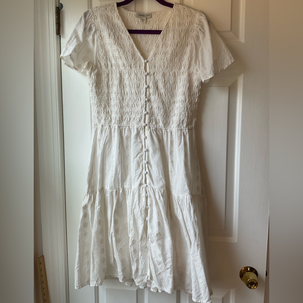 Smocked Cotton Swiss Dot Elegant White Button-Down Dress 16” By 37”